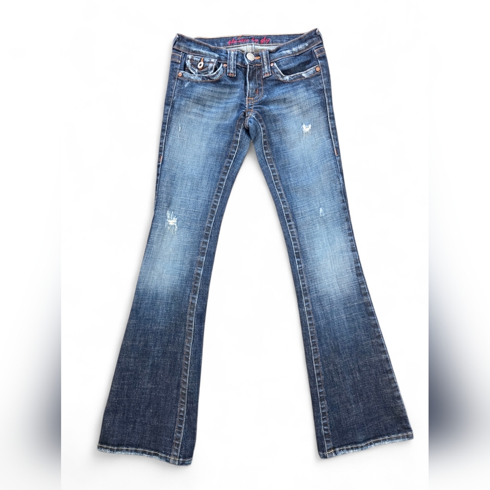 Plastic by Gly Y2K Low Rise Embroidered Flare Jeans Size 1 USA Made Style 1229B